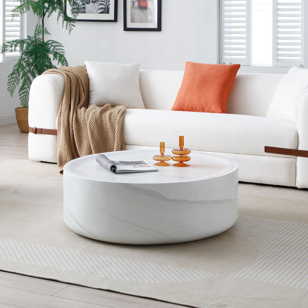 Boho Aesthetic Large  Round coffee table ,Marble table ,Simple Modern Center Cocktail Table ,Sturdy Fiberglass table for Living Room,  No Need Assembly,WHITE | Biophilic Design Airbnb Decor Furniture 