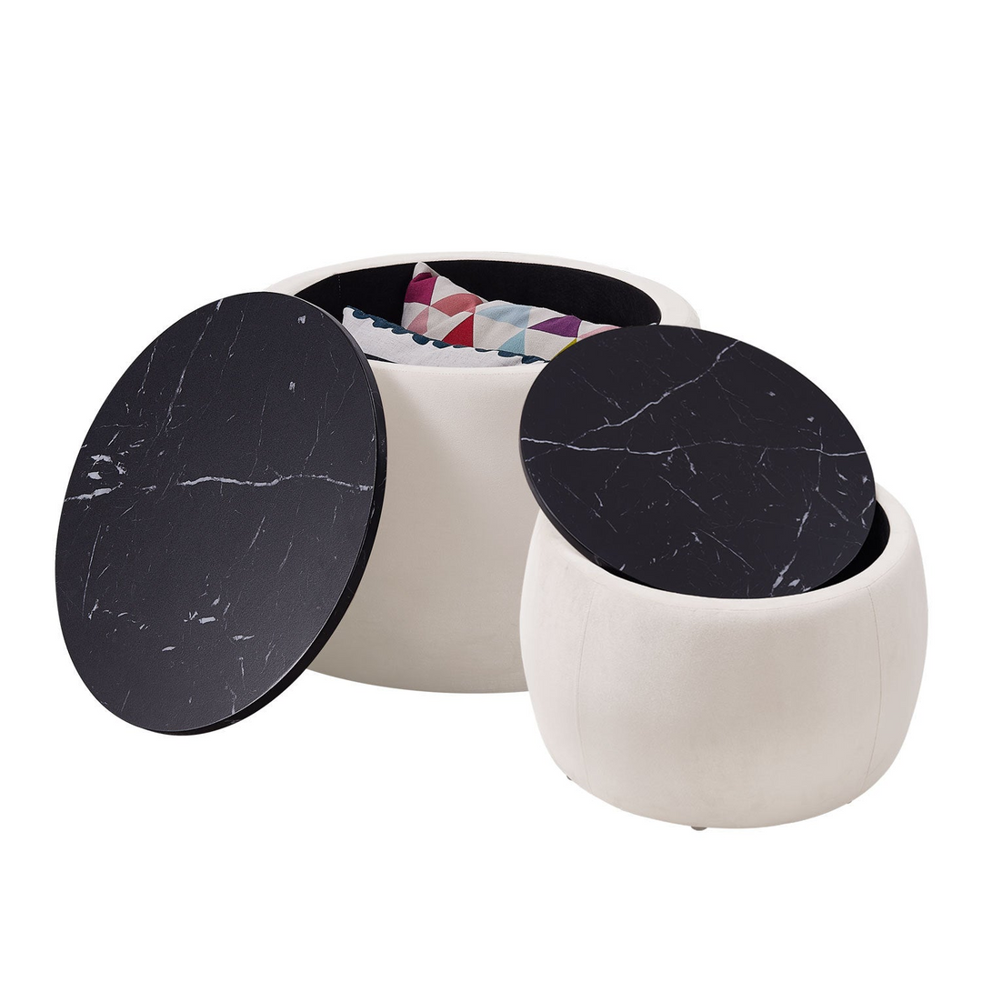 Boho Aesthetic Set of 2 Nesting Round Storage Ottoman, Coffee Table Footstool with MDF Cover for Living Room, Bedroom, Top φ650*450,φ480*390,Beige | Biophilic Design Airbnb Decor Furniture 