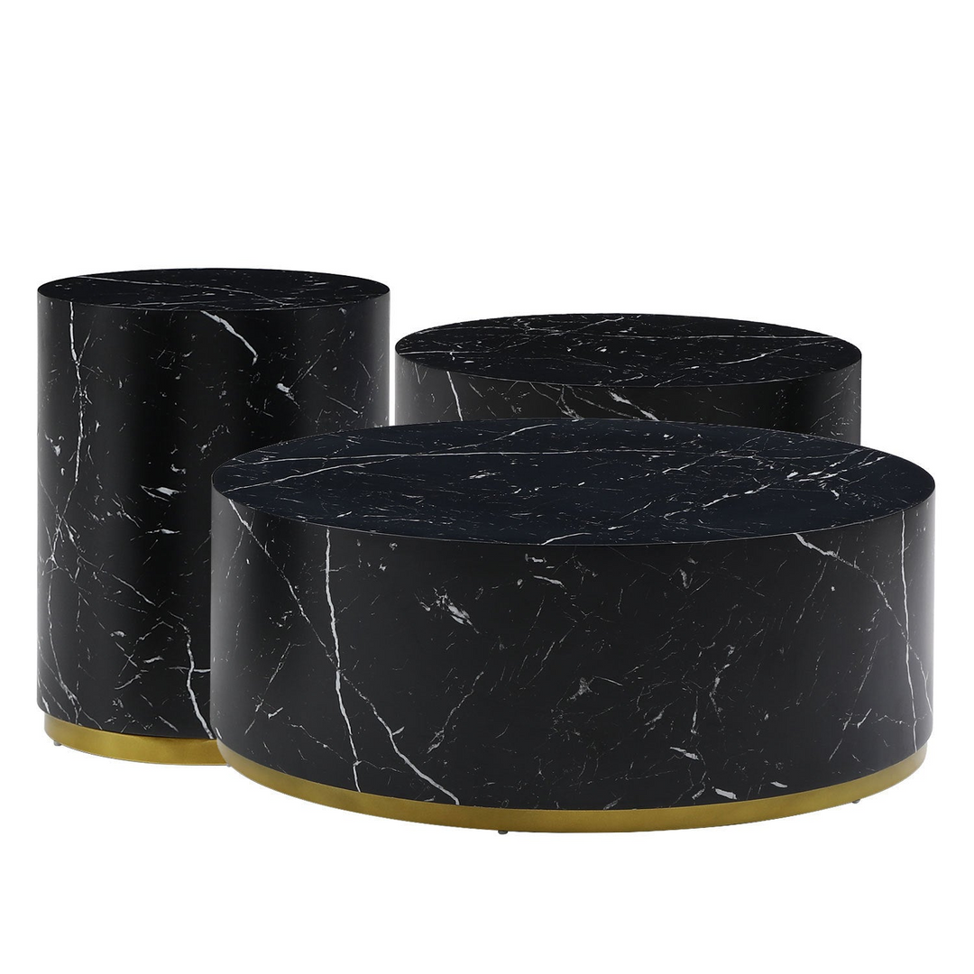 Boho Aesthetic Set of 3 Black Marble Pattern  Round Coffee Table side Table End Table Set for Living Room Fully Assembled | Biophilic Design Airbnb Decor Furniture 