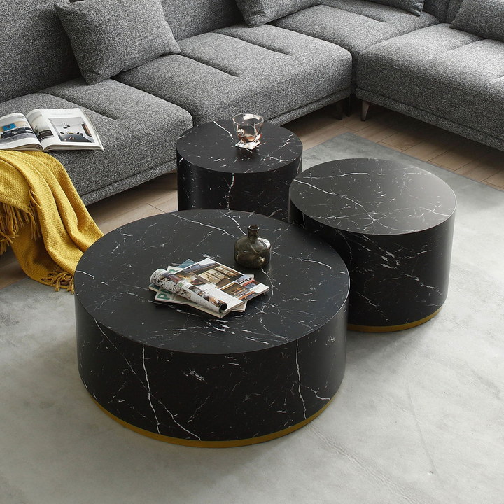 Boho Aesthetic Set of 3 Black Marble Pattern  Round Coffee Table side Table End Table Set for Living Room Fully Assembled | Biophilic Design Airbnb Decor Furniture 