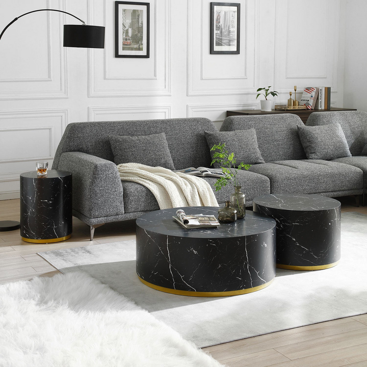 Boho Aesthetic Set of 3 Black Marble Pattern  Round Coffee Table side Table End Table Set for Living Room Fully Assembled | Biophilic Design Airbnb Decor Furniture 