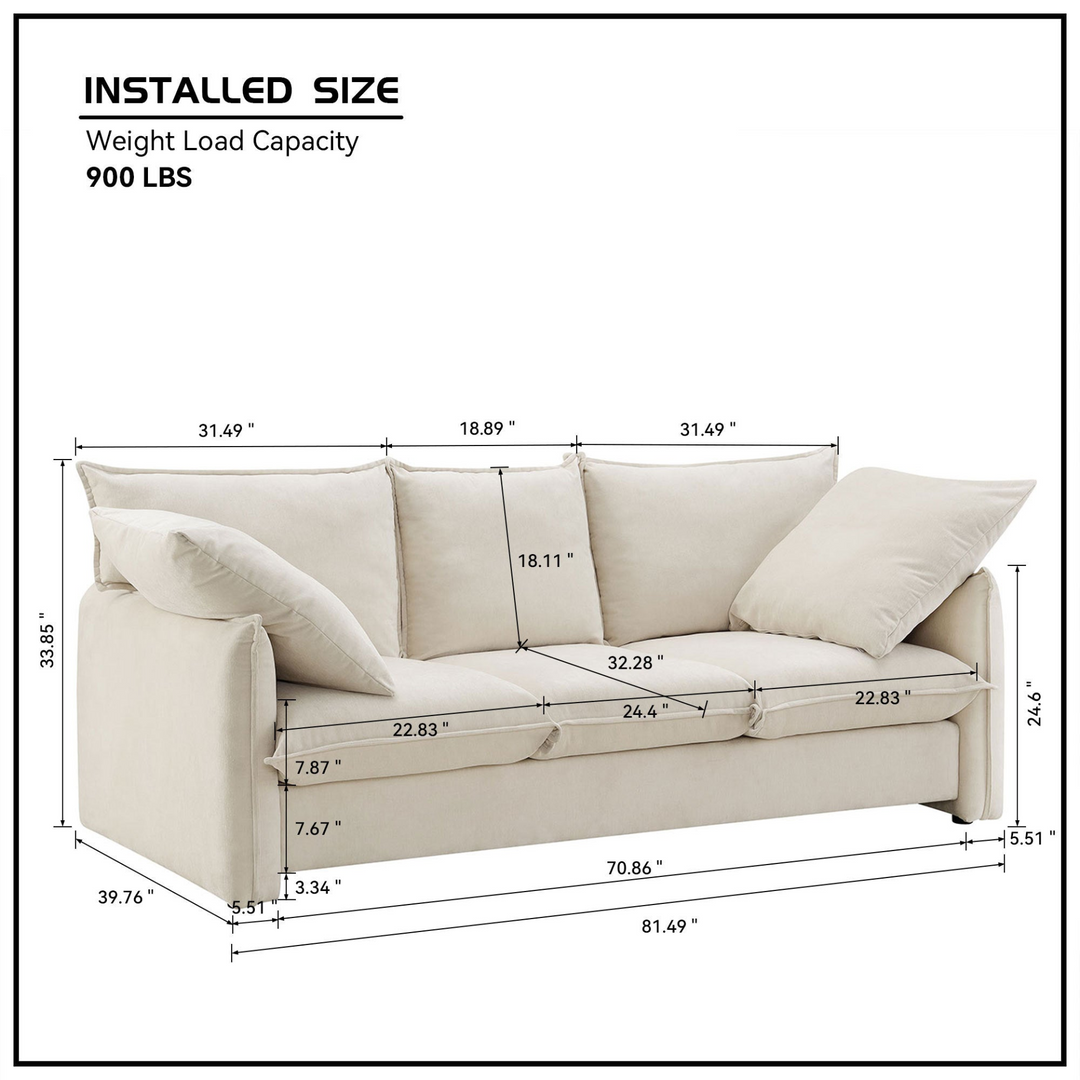 Boho Aesthetic Mid-century Sofa 3 Seater Cozy Couch for Living room Apartment Lounge Bedroom, Beige | Biophilic Design Airbnb Decor Furniture 