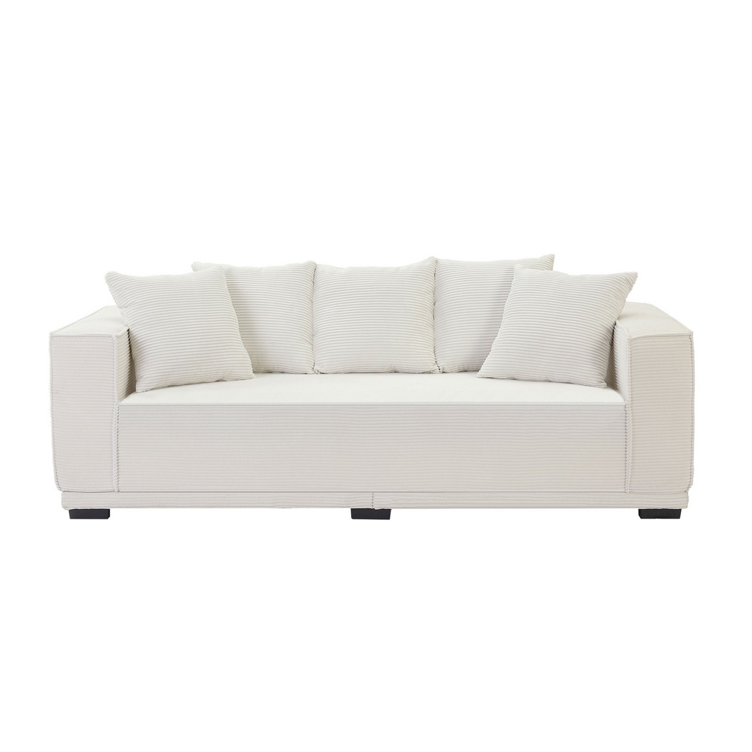 Boho Aesthetic 88.97'' Mid Century Modern Upholstered Sofa  with 5 Matching Toss Pillows, Including bottom frame,Comfy Couches  for Living Room, Bedroom, Apartment and Office.WHITE | Biophilic Design Airbnb Decor Furniture 