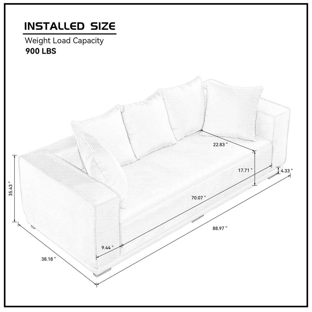 Boho Aesthetic 88.97'' Mid Century Modern Upholstered Sofa  with 5 Matching Toss Pillows, Including bottom frame,Comfy Couches  for Living Room, Bedroom, Apartment and Office.WHITE | Biophilic Design Airbnb Decor Furniture 