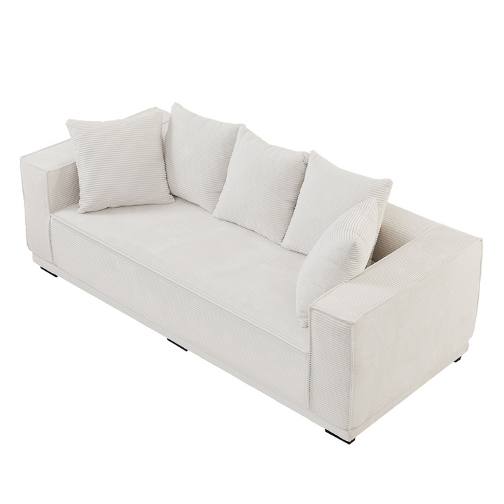 Boho Aesthetic 88.97'' Mid Century Modern Upholstered Sofa  with 5 Matching Toss Pillows, Including bottom frame,Comfy Couches  for Living Room, Bedroom, Apartment and Office.WHITE | Biophilic Design Airbnb Decor Furniture 