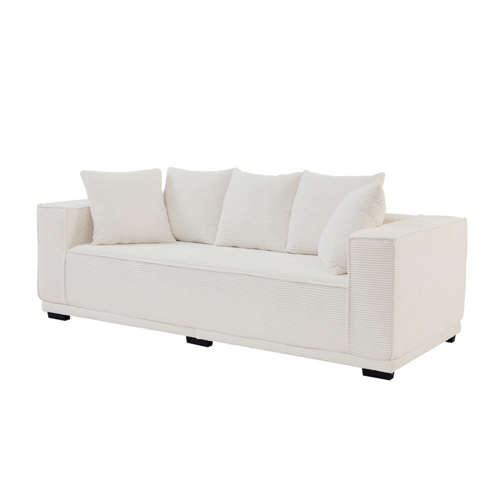 Boho Aesthetic 88.97'' Mid Century Modern Upholstered Sofa  with 5 Matching Toss Pillows, Including bottom frame,Comfy Couches  for Living Room, Bedroom, Apartment and Office.WHITE | Biophilic Design Airbnb Decor Furniture 