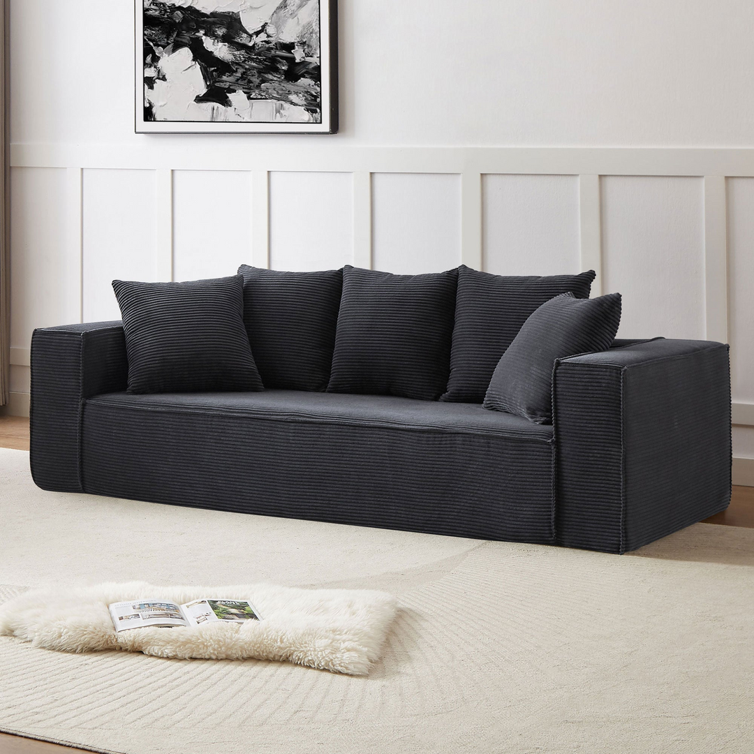 Boho Aesthetic La Cagliari  - Soft Corduroy Upholstery Streamlined Design sofa with 5 Pillows, Ample and Cozy 3 Seater Couch for Modern Spaces for Living room,office BLACK | Biophilic Design Airbnb Decor Furniture 