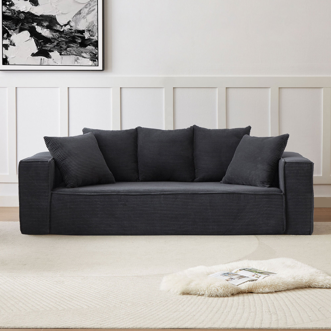 Boho Aesthetic La Cagliari  - Soft Corduroy Upholstery Streamlined Design sofa with 5 Pillows, Ample and Cozy 3 Seater Couch for Modern Spaces for Living room,office BLACK | Biophilic Design Airbnb Decor Furniture 