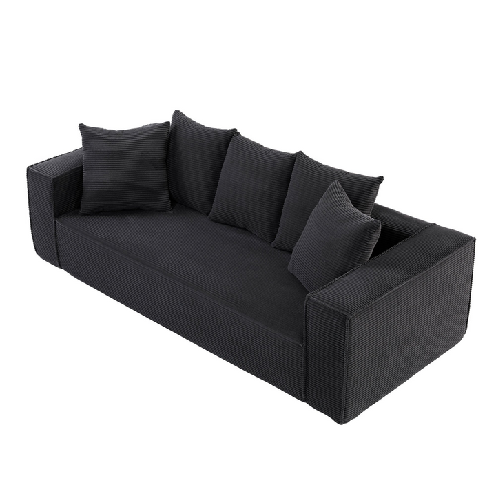 Boho Aesthetic La Cagliari  - Soft Corduroy Upholstery Streamlined Design sofa with 5 Pillows, Ample and Cozy 3 Seater Couch for Modern Spaces for Living room,office BLACK | Biophilic Design Airbnb Decor Furniture 