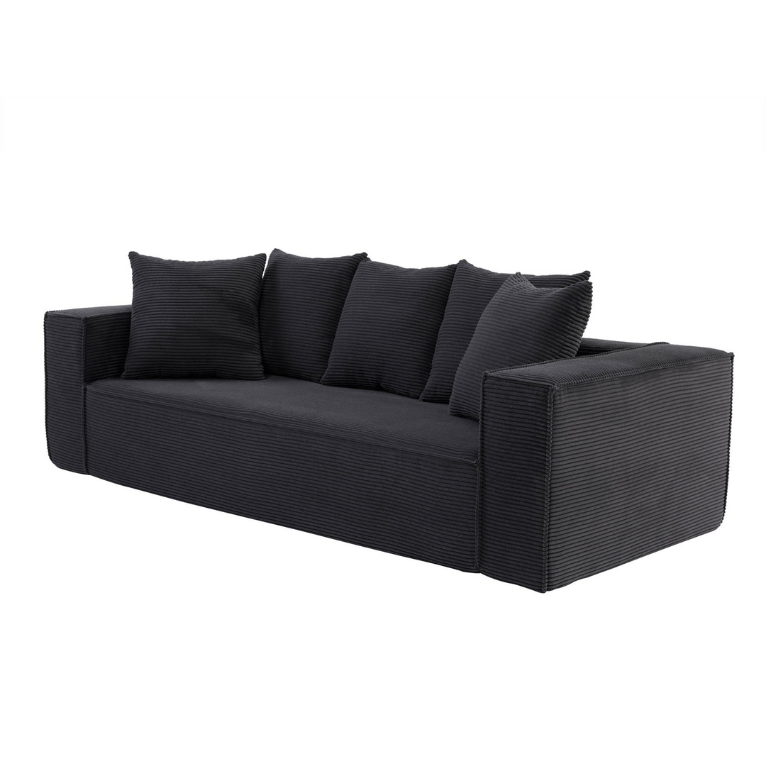 Boho Aesthetic La Cagliari  - Soft Corduroy Upholstery Streamlined Design sofa with 5 Pillows, Ample and Cozy 3 Seater Couch for Modern Spaces for Living room,office BLACK | Biophilic Design Airbnb Decor Furniture 