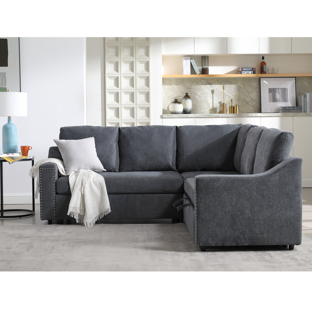 Boho Aesthetic L-shaped sofa with pull-out sofa bed, Corner Sofa,comfortable living room furniture set, sleeper sofa bed,Corner seat for two with broaching sofa,Rivet DeChenille,Gray | Biophilic Design Airbnb Decor Furniture 