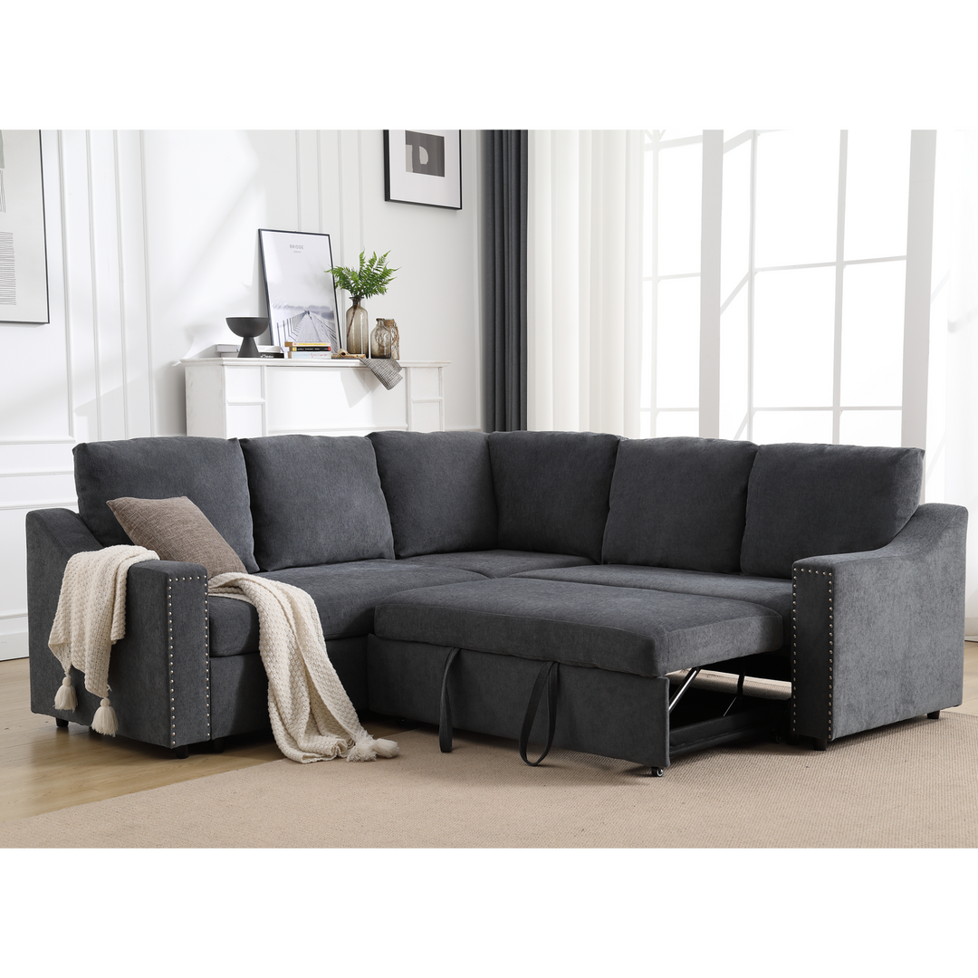 Boho Aesthetic L-shaped sofa with pull-out sofa bed, Corner Sofa,comfortable living room furniture set, sleeper sofa bed,Corner seat for two with broaching sofa,Rivet DeChenille,Gray | Biophilic Design Airbnb Decor Furniture 