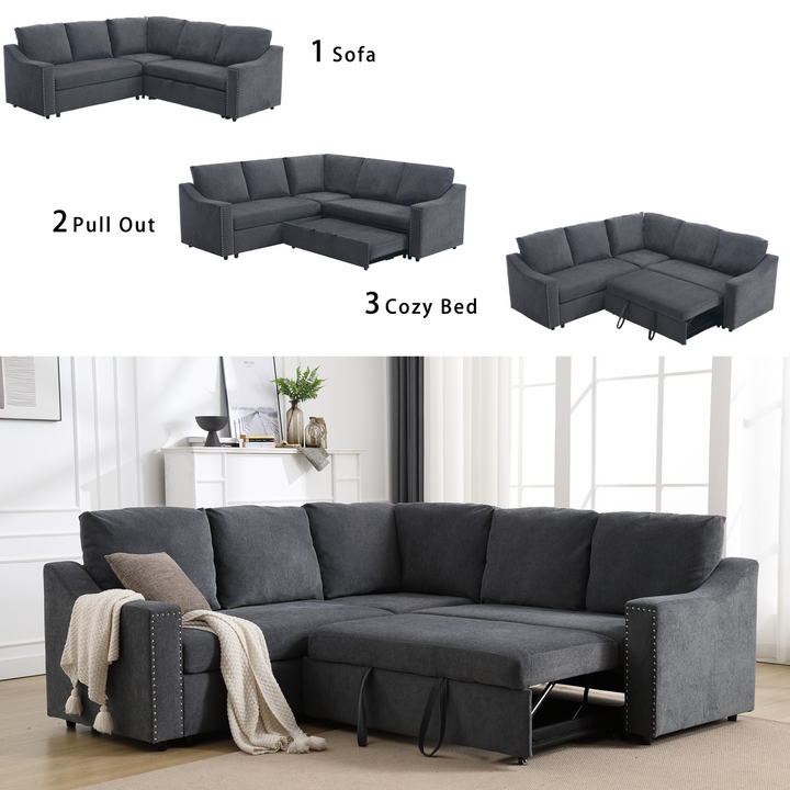 Boho Aesthetic L-shaped sofa with pull-out sofa bed, Corner Sofa,comfortable living room furniture set, sleeper sofa bed,Corner seat for two with broaching sofa,Rivet DeChenille,Gray | Biophilic Design Airbnb Decor Furniture 