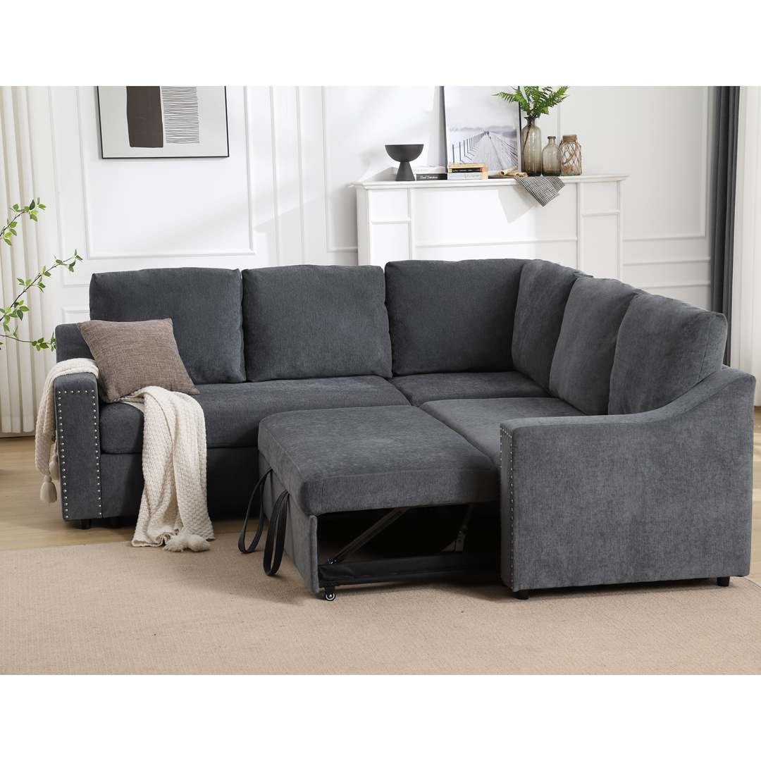 Boho Aesthetic L-shaped sofa with pull-out sofa bed, Corner Sofa,comfortable living room furniture set, sleeper sofa bed,Corner seat for two with broaching sofa,Rivet DeChenille,Gray | Biophilic Design Airbnb Decor Furniture 