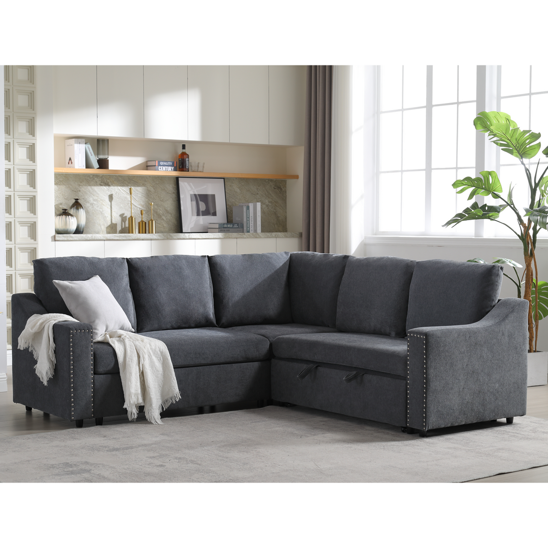 Boho Aesthetic L-shaped sofa with pull-out sofa bed, Corner Sofa,comfortable living room furniture set, sleeper sofa bed,Corner seat for two with broaching sofa,Rivet DeChenille,Gray | Biophilic Design Airbnb Decor Furniture 