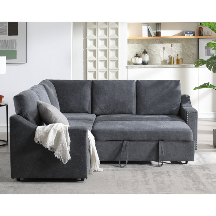 Boho Aesthetic L-shaped sofa with pull-out sofa bed, Corner Sofa,comfortable living room furniture set, sleeper sofa bed,Corner seat for two with broaching sofa,Rivet DeChenille,Gray | Biophilic Design Airbnb Decor Furniture 