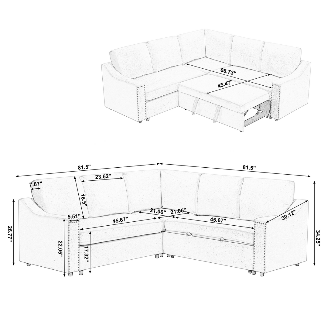 Boho Aesthetic L-shaped sofa with pull-out sofa bed, Corner Sofa,comfortable living room furniture set, sleeper sofa bed,Corner seat for two with broaching sofa,Rivet DeChenille,Gray | Biophilic Design Airbnb Decor Furniture 