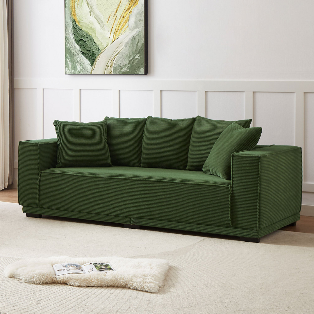 Boho Aesthetic 88.97'' Mid Century Modern Upholstered Sofa  with 5 Matching Toss Pillows, Including bottom frame,Comfy Couches  for Living Room, Bedroom, Apartment and Office.GREEN. | Biophilic Design Airbnb Decor Furniture 