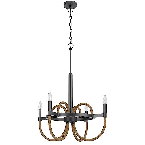 Boho Aesthetic Rowland 60W X 4 Metal/Burlap Roped Chandelier | Biophilic Design Airbnb Decor Furniture 