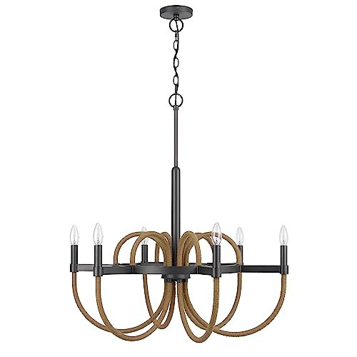 Boho Aesthetic Rowland 60W X 6 Metal/Burlap Roped Chandelier | Biophilic Design Airbnb Decor Furniture 