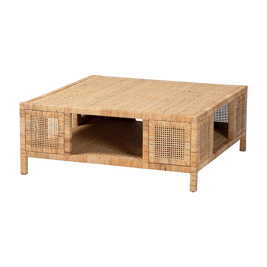 Boho Aesthetic Kalimantan Bohemian Light Honey Rattan and Mahogany Wood Square Coffee Table | Biophilic Design Airbnb Decor Furniture 