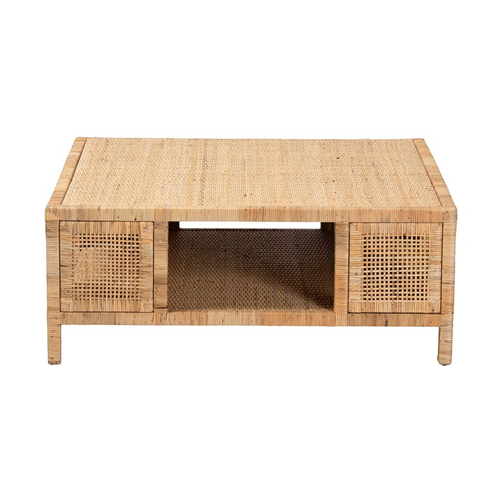 Boho Aesthetic Kalimantan Bohemian Light Honey Rattan and Mahogany Wood Square Coffee Table | Biophilic Design Airbnb Decor Furniture 