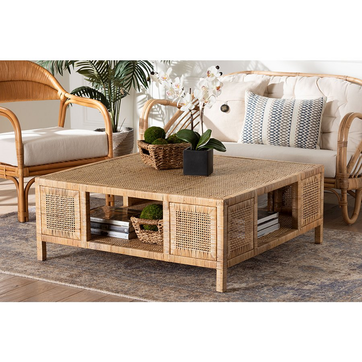 Boho Aesthetic Kalimantan Bohemian Light Honey Rattan and Mahogany Wood Square Coffee Table | Biophilic Design Airbnb Decor Furniture 