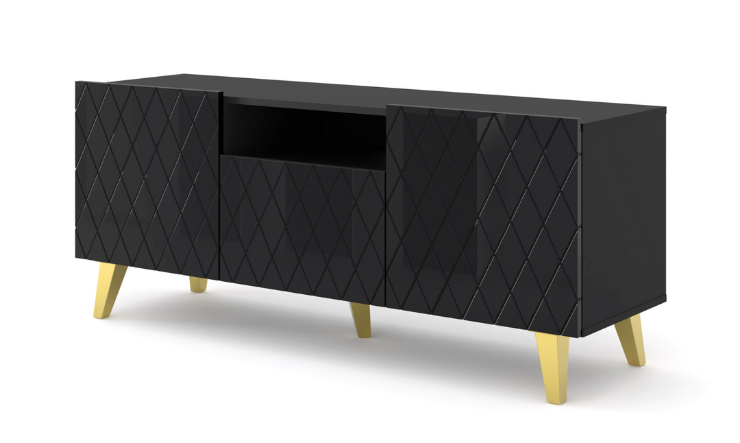 Buy farmhouse furniture Diuna tv stand 145 2D1K / 56,9 in black / black gloss / gold leg - Modern Cottage Farmhouse Furniture
