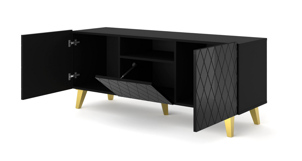Buy farmhouse furniture Diuna tv stand 145 2D1K / 56,9 in black / black gloss / gold leg - Modern Cottage Farmhouse Furniture