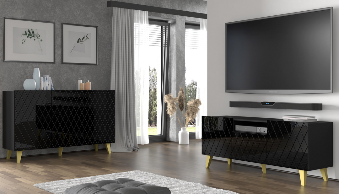 Buy farmhouse furniture Diuna tv stand 145 2D1K / 56,9 in black / black gloss / gold leg - Modern Cottage Farmhouse Furniture