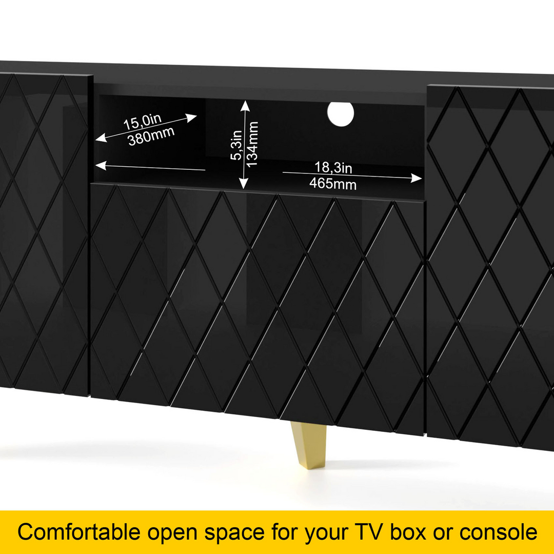 Buy farmhouse furniture Diuna tv stand 145 2D1K / 56,9 in black / black gloss / gold leg - Modern Cottage Farmhouse Furniture