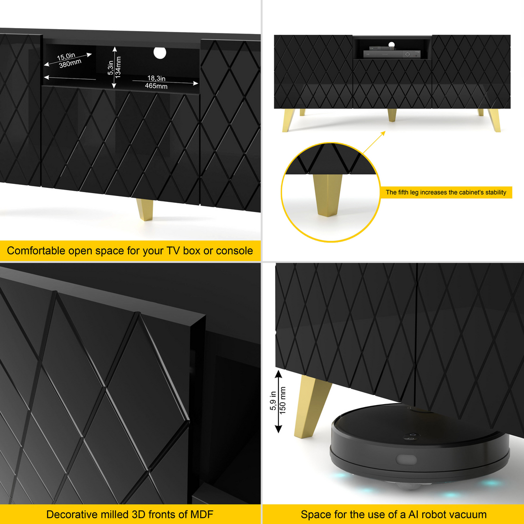 Buy farmhouse furniture Diuna tv stand 145 2D1K / 56,9 in black / black gloss / gold leg - Modern Cottage Farmhouse Furniture