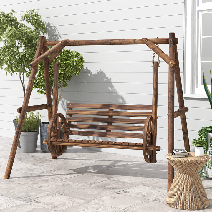 Brown Farmhouse Country Wooden Log 2-Seat Porch Swing Chair Bench