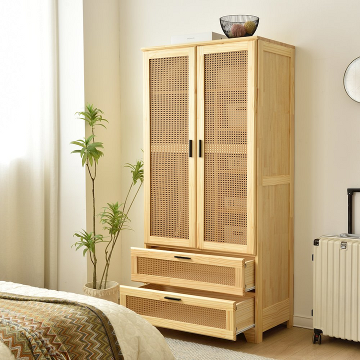 Boho Aesthetic Pine Wood Closet with Rattan Doors and Two Drawers (Natural) | Biophilic Design Airbnb Decor Furniture 