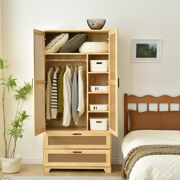 Boho Aesthetic Pine Wood Closet with Rattan Doors and Two Drawers (Natural) | Biophilic Design Airbnb Decor Furniture 