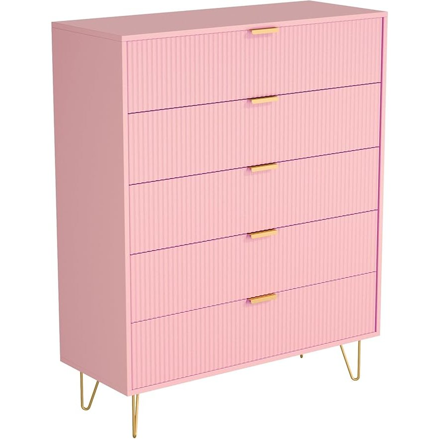 Boho Aesthetic 5-Drawer Chest in MDF Wood with Gold Metal Legs and Handles. (Pink) | Biophilic Design Airbnb Decor Furniture 