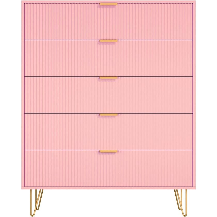 Boho Aesthetic 5-Drawer Chest in MDF Wood with Gold Metal Legs and Handles. (Pink) | Biophilic Design Airbnb Decor Furniture 