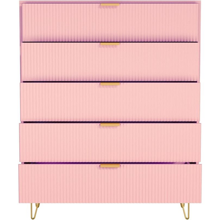 Boho Aesthetic 5-Drawer Chest in MDF Wood with Gold Metal Legs and Handles. (Pink) | Biophilic Design Airbnb Decor Furniture 