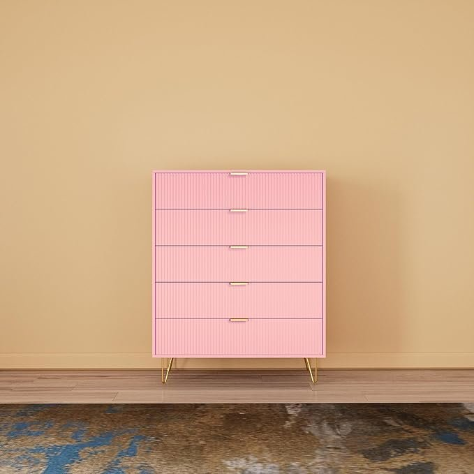 Boho Aesthetic 5-Drawer Chest in MDF Wood with Gold Metal Legs and Handles. (Pink) | Biophilic Design Airbnb Decor Furniture 