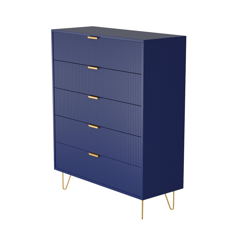 Boho Aesthetic 5-Drawer Chest in MDF Wood with Gold Metal Legs and Handles. (Blue) | Biophilic Design Airbnb Decor Furniture 