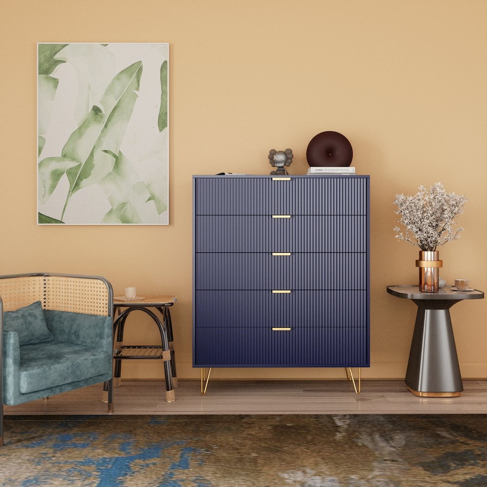 Boho Aesthetic 5-Drawer Chest in MDF Wood with Gold Metal Legs and Handles. (Blue) | Biophilic Design Airbnb Decor Furniture 