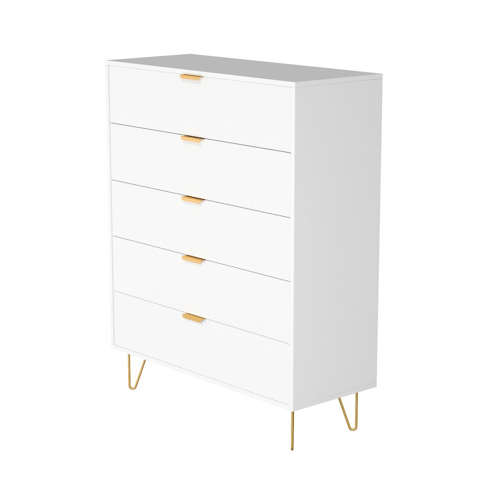 Boho Aesthetic 5-Drawer Chest in MDF Wood with Gold Metal Legs and Handles. | Biophilic Design Airbnb Decor Furniture 