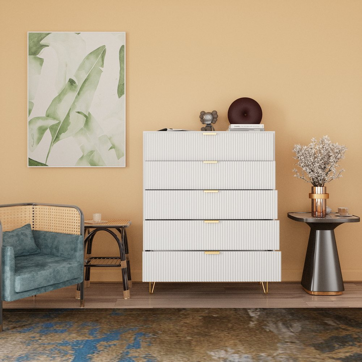 Boho Aesthetic 5-Drawer Chest in MDF Wood with Gold Metal Legs and Handles. | Biophilic Design Airbnb Decor Furniture 