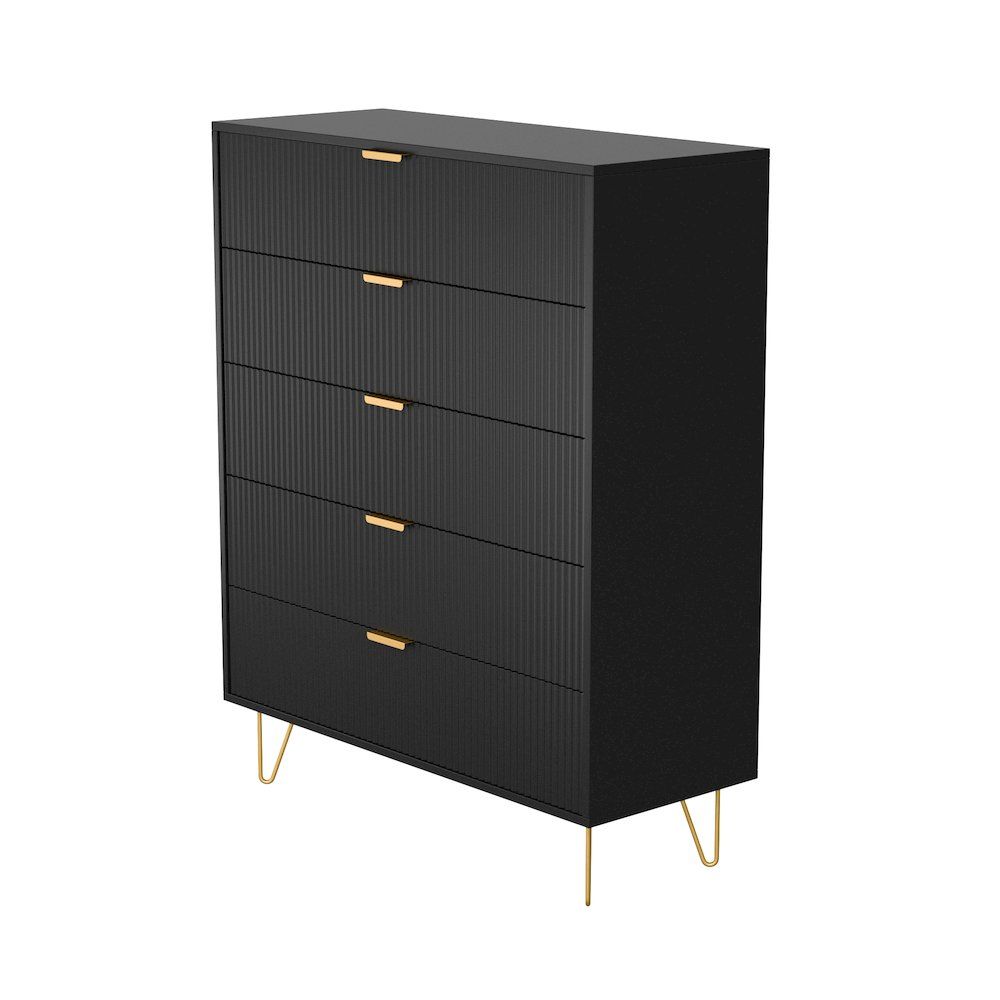 Boho Aesthetic 5-Drawer Chest in MDF Wood with Gold Metal Legs and Handles. (Black) | Biophilic Design Airbnb Decor Furniture 