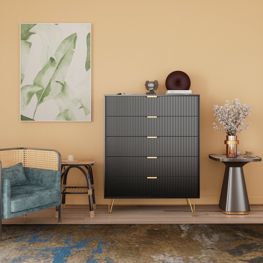 Boho Aesthetic 5-Drawer Chest in MDF Wood with Gold Metal Legs and Handles. (Black) | Biophilic Design Airbnb Decor Furniture 