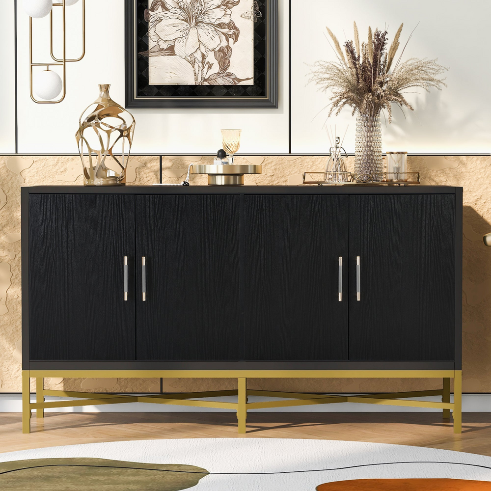 Boho Aesthetic Four-Door Black Sideboard with Metal and Cross-Leg Design | Biophilic Design Airbnb Decor Furniture 