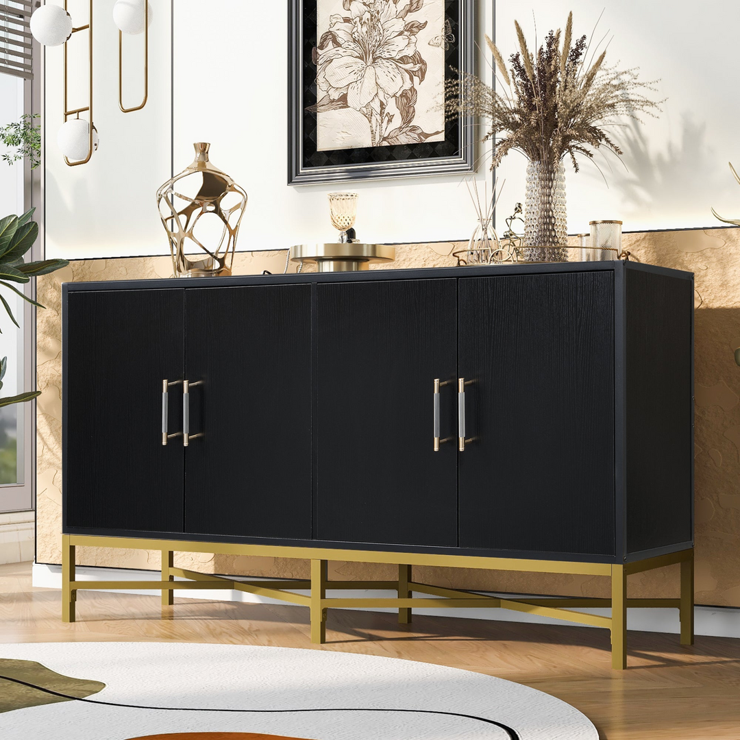 Boho Aesthetic Four-Door Black Sideboard with Metal and Cross-Leg Design | Biophilic Design Airbnb Decor Furniture 