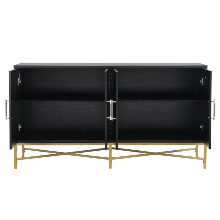 Boho Aesthetic Four-Door Black Sideboard with Metal and Cross-Leg Design | Biophilic Design Airbnb Decor Furniture 