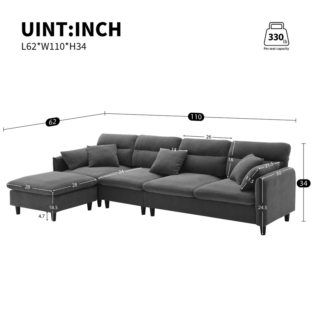 Boho Aesthetic 110*62" Modern Convertible Sectional Sofa,L-shaped Reversible Couch Set with Free Pillows,5 Seat Cloud Chenille Indoor Furniture with Ottoman for Living Room,Apartment,3 Colors | Biophilic Design Airbnb Decor Furniture 