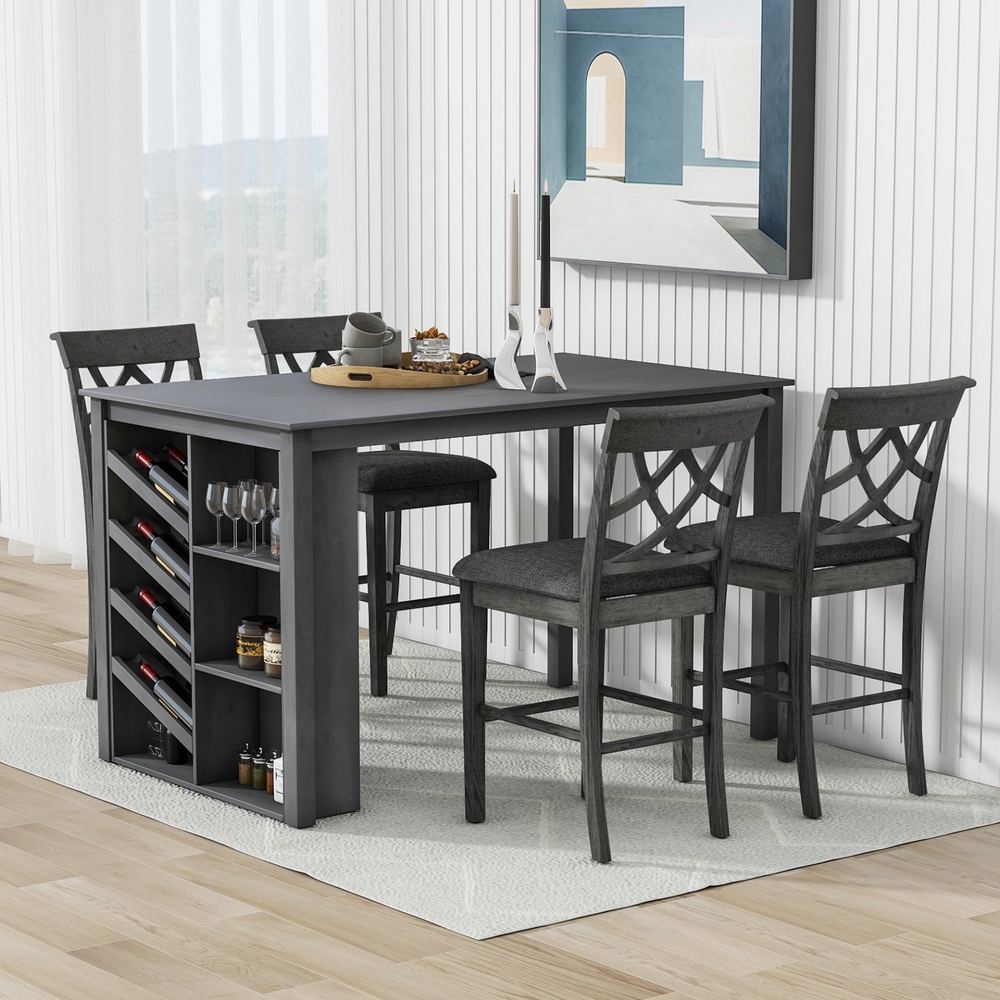 Boho Aesthetic Updated Counter Height 5-piece Solid Wood Dining Table Set, 59*35.4Inch Table with Curved Wine Rack and 4 Upholstered Chairs, Grey | Biophilic Design Airbnb Decor Furniture 